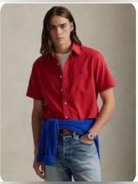 Ralph Lauren red button down short sleeve shirt. Men’s size Large